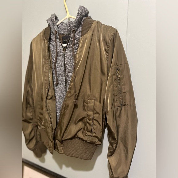 Love Tree Olive Bomber Jacket with Knit Hood- Size Small - Picture 2 of 10